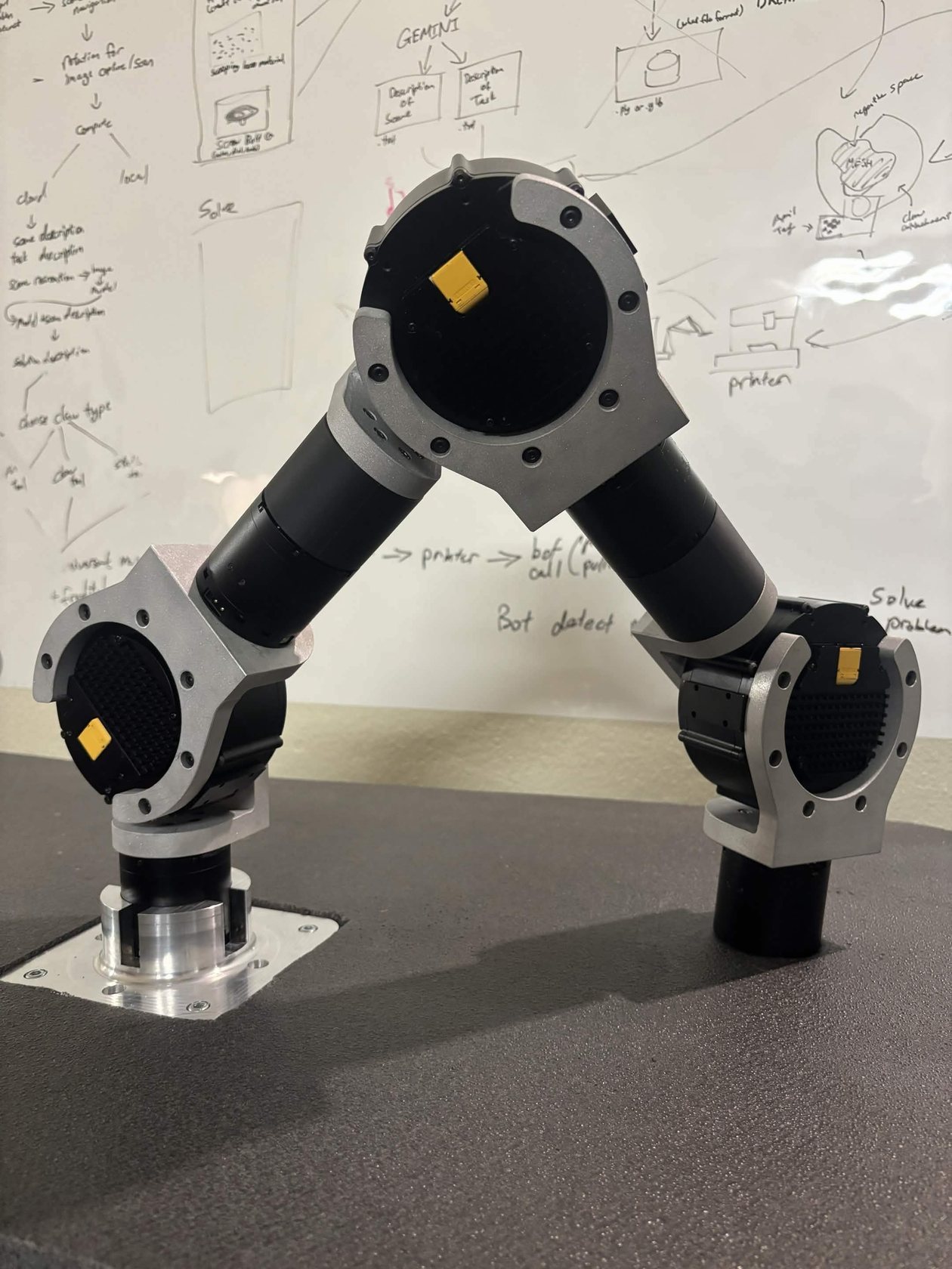 Close-up of the arm joint and end effector during development