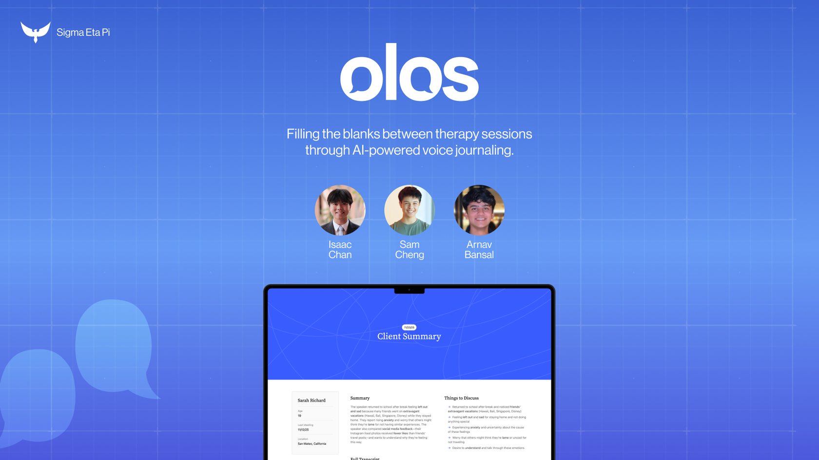 Olos product overview slide with the founding team